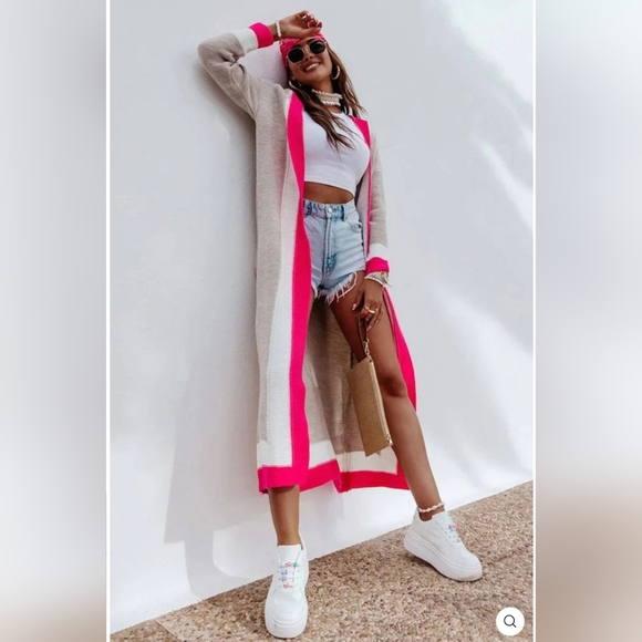 "CERSEI" ITALIAN DESIGNER CARDIGAN LONGLINE COLOR BLOCK IN HOT PINK - US 10-12 - Picture 2 of 11